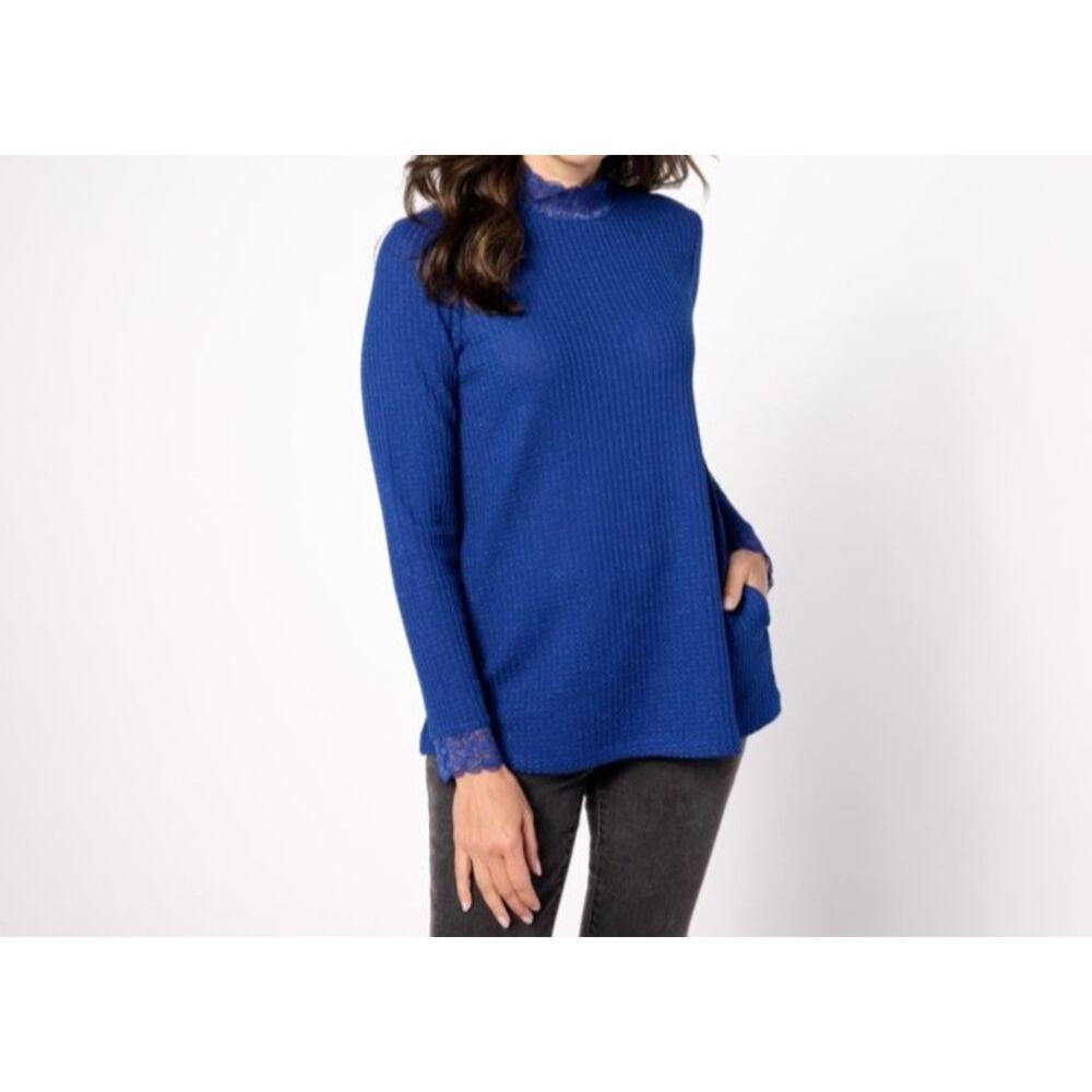 LOGO Lori Goldstein Metallic Waffle Knit Blue Top Lace Size XS A627095 NWOT